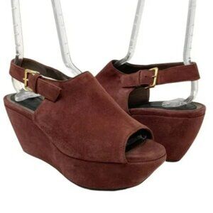 Marni Y2K Wine Suede Peep Toe Slingback Platform Wedges - Size 8.5